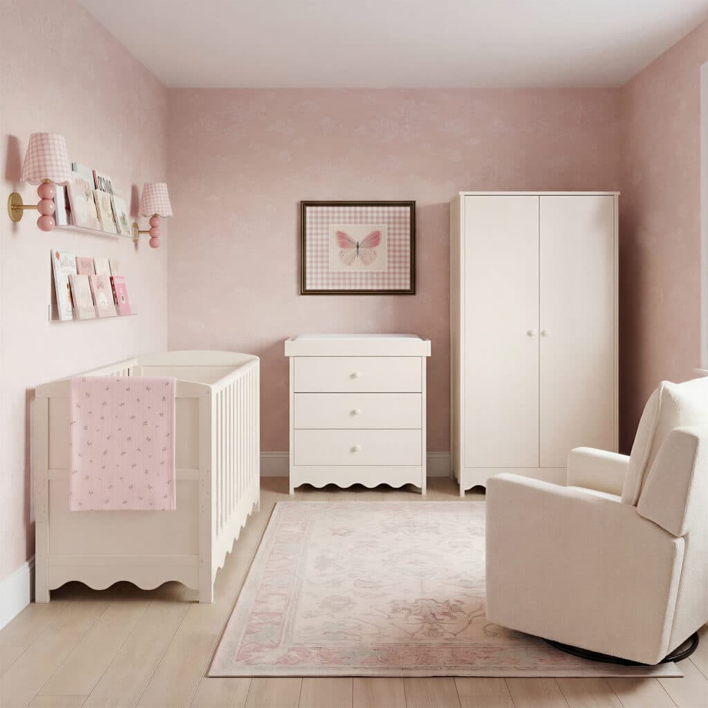 Dancer nursery styled in soft pink with white furniture