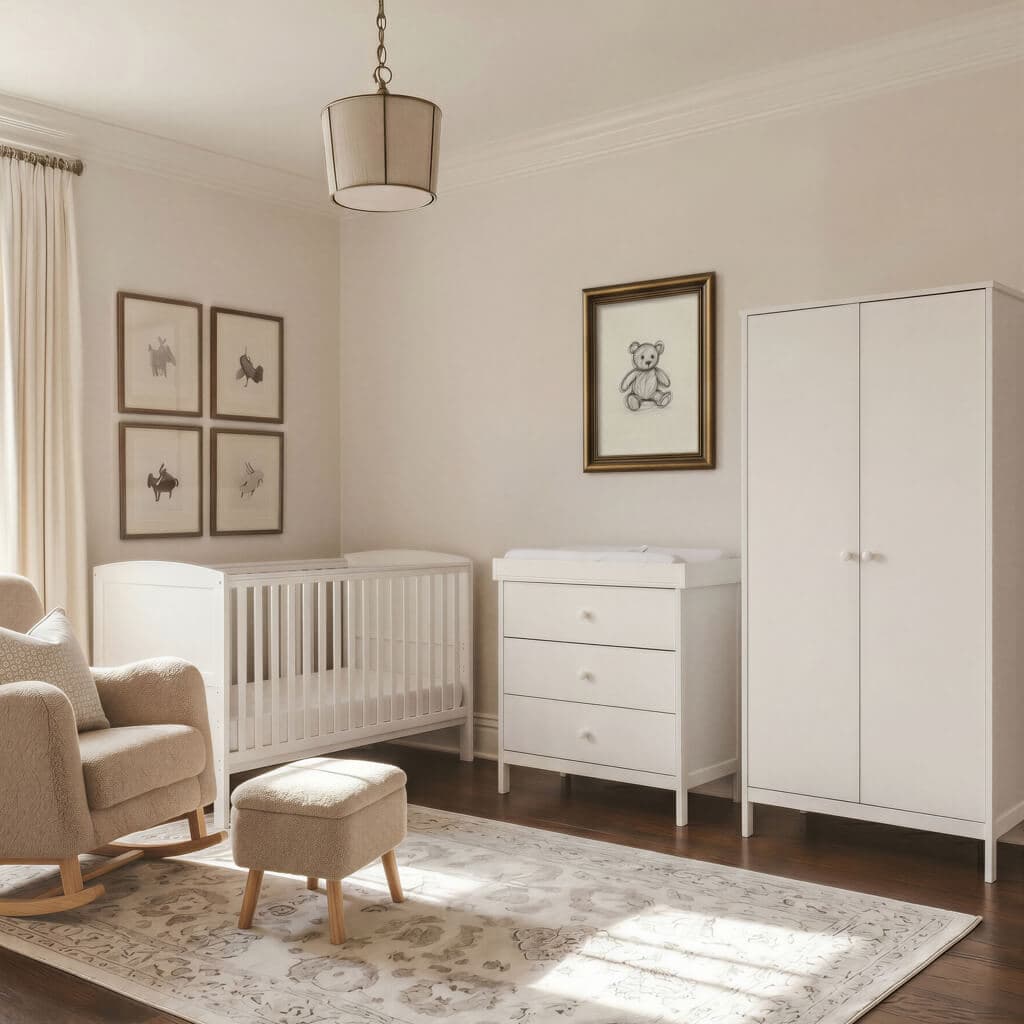 Dreamer nursery styled in warm neutrals with white furniture