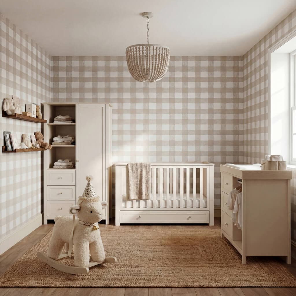 Wanderer nursery styled with checked wallpaper and warm neutral furniture