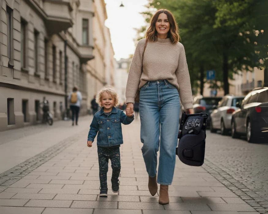 Parent carrying a folded TinySeats seat through the city